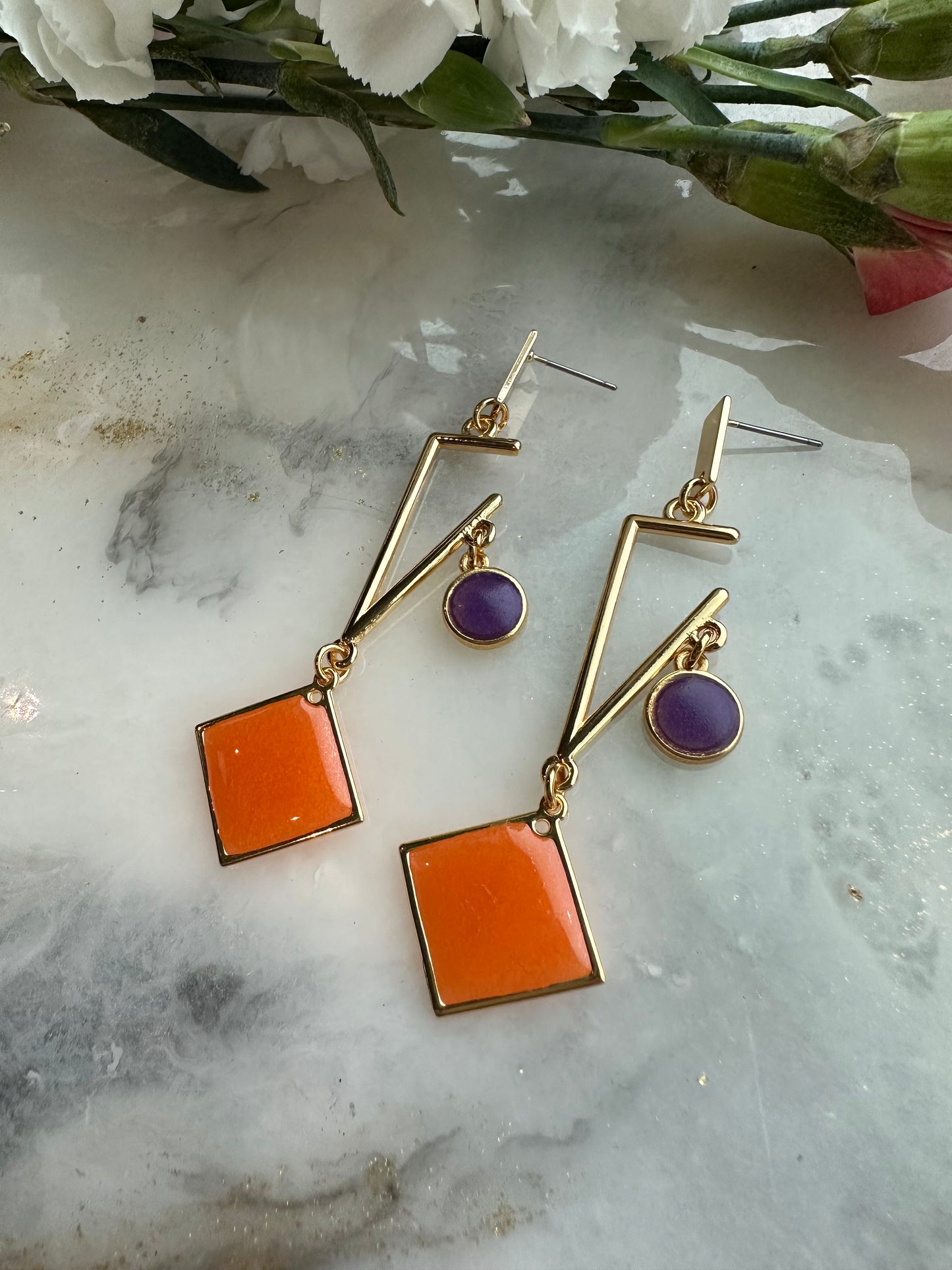 Geometrische oorbellen met meerkleurige stenen - Oranje