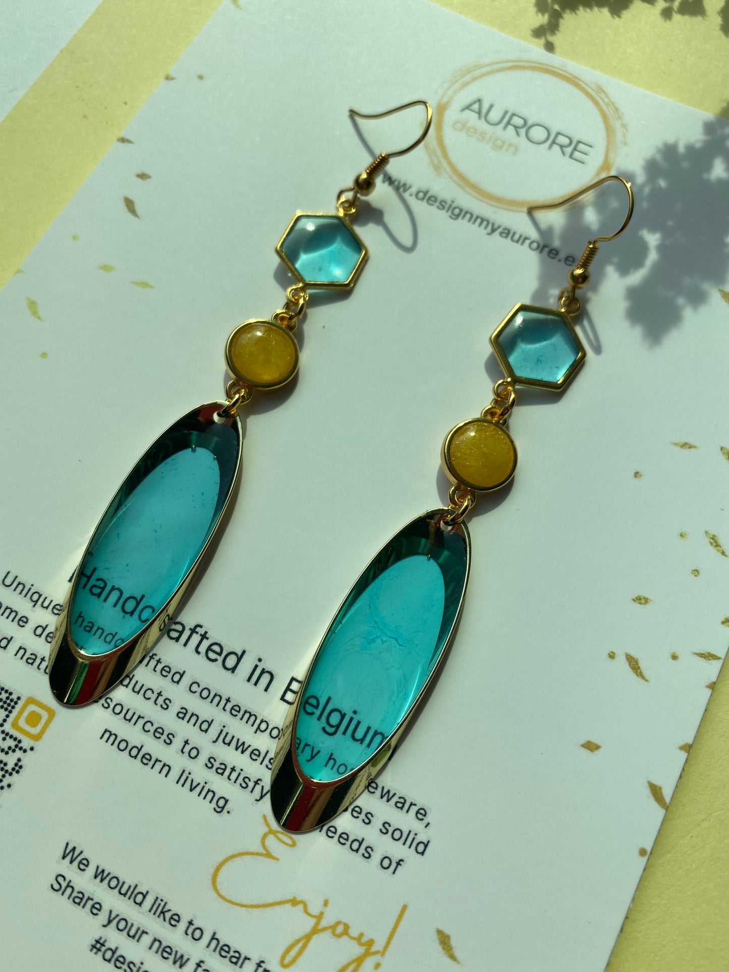 Lange meerkleurige oorhangers, blauw/geel