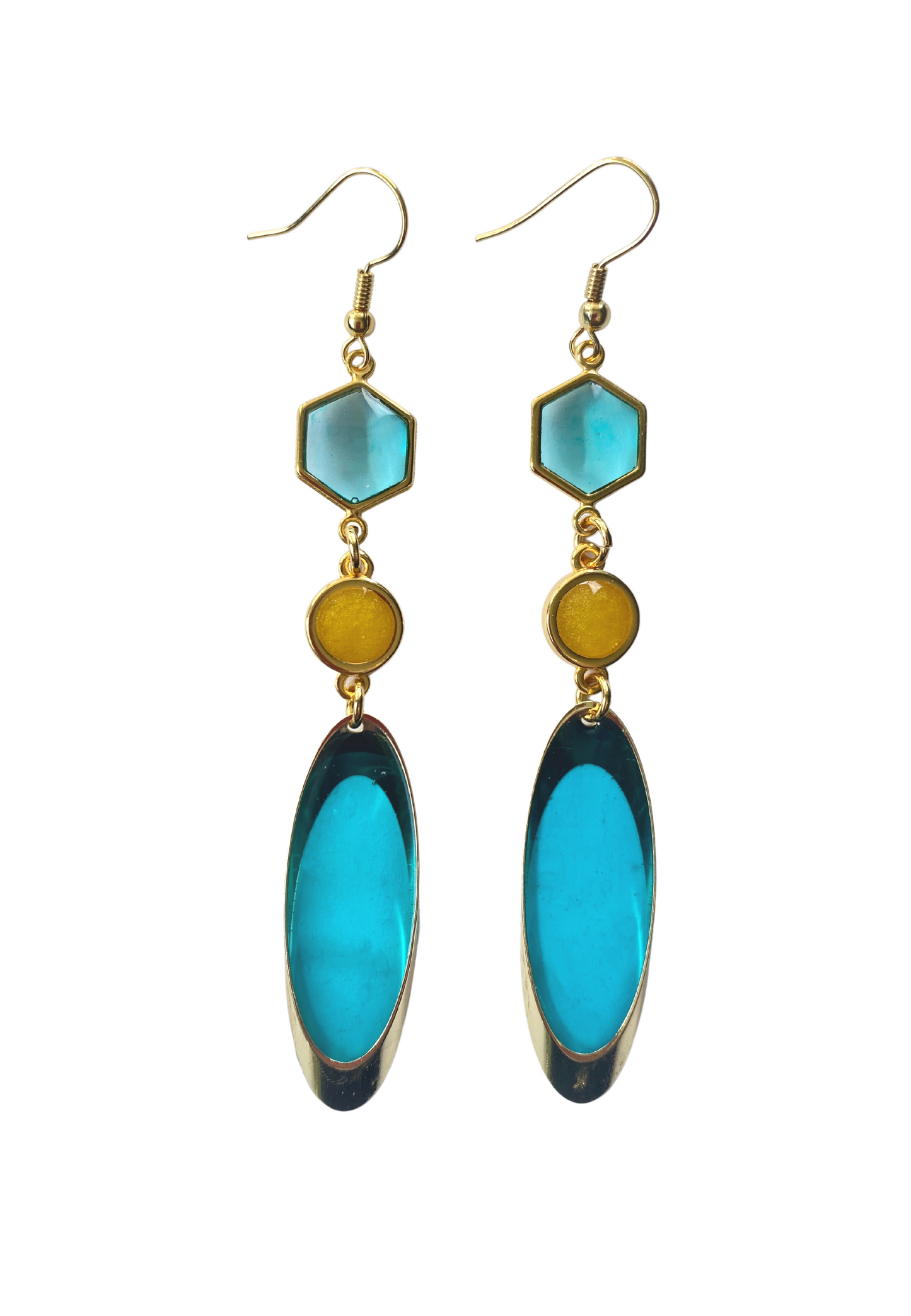 Lange meerkleurige oorhangers, blauw/geel